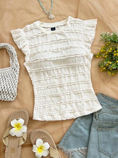 Soleia Elegant Bohemian Tropical White Knit Ruffle Sleeve T-Shirt Camisole Top, Suitable For Spring/Summer Casual, Beach, Wedding Guest, Graduation, Brunch, St. Patrick's Day, Spring Break, Easter, Music Festival