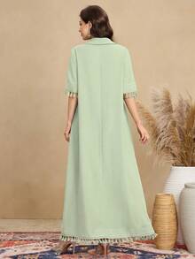 Al Najma Rochie de damă cu mânecă scurtă, cu guler cămașă și design retro, stil arab casual - Verde - Vizualizare 2
