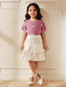 SHEIN Girls Loose Batwing Sleeve T-Shirt With 3D Ribbon Bow,White Double-Layer Cake Skirt Set,Korean Style Summer Family Matching Daily Wear Pink Outfits - Purple - View 6