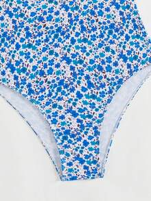 Swim Mod 2026 Spring/Summer New Blue Floral Random Print Adjustable Spaghetti Strap V-Neck Cute Vacation One-Piece Bikini Swimsuit For Women - Blue - View 7