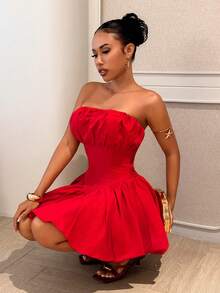 Slaydiva 2025 New Party, Birthday, Cocktail, Valentine's Day, Halloween, Christmas, Wedding, Daily Casual French Style Summer New Arrival Strapless Bubble Hem Princess Mini Dress, Red - Red - View 4