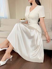 DAZY Women's Solid Color Petal Sleeve Button-Up Shirt And Skirt Elegant 2-Piece Set Lounge Sets For Women - Apricot - View 3