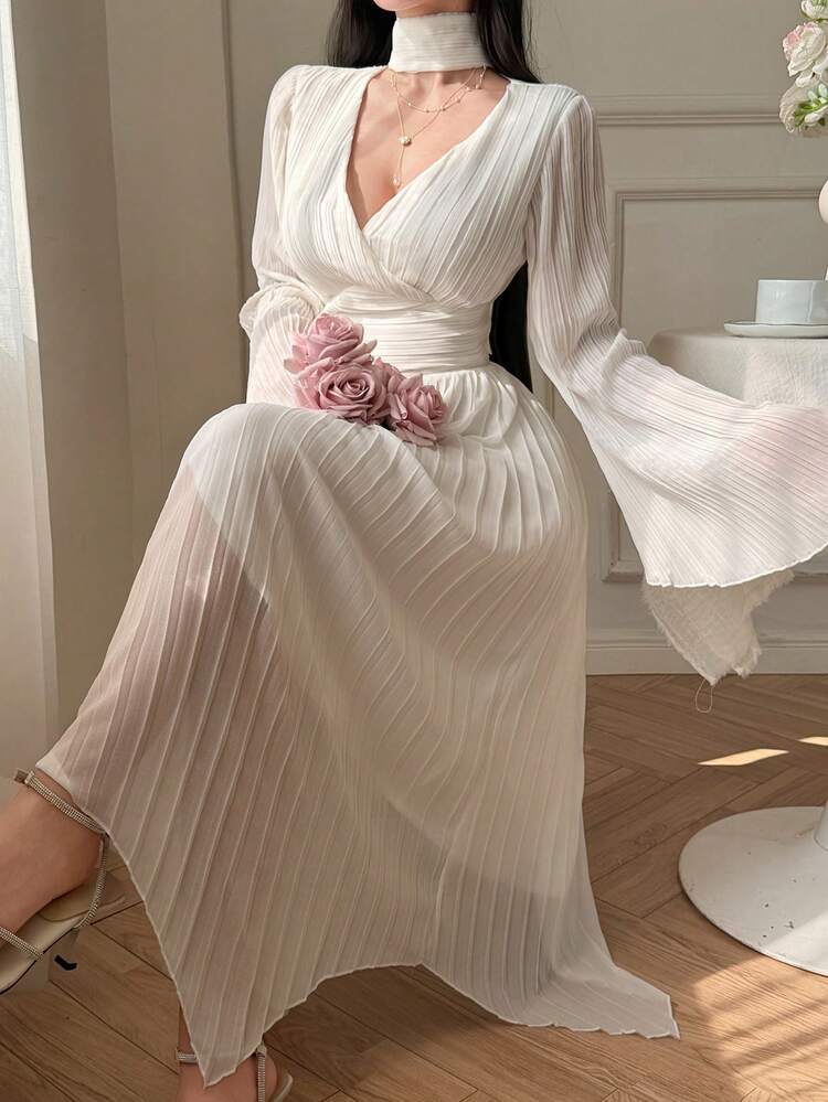 V-Neck Ruched Waist Flare Sleeve Dress