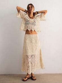 Freevana 波西米亚复古钩针编织套装，米白色中袖上衣+长裙，镂空设计，春夏两件套女装 - 杏色 - 查看 4