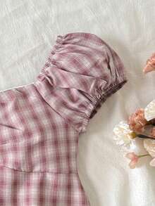 SHEIN 少女休闲翻领收腰短袖露脐衬衫 - 粉色 - 查看 3