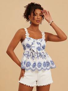 Travachic Women's Hollow Out Embroidery Tie Front Camisole Top For Vacation - Blue and White - View 4
