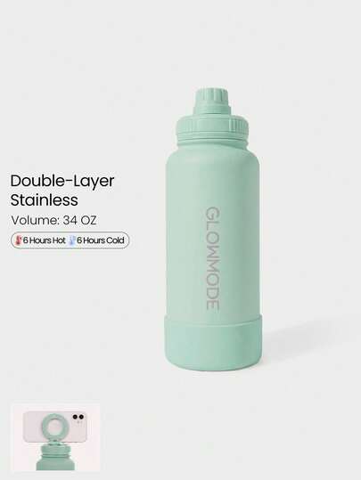 GLOWMODE 1L Sip And Go Double-Layer Stainless Steel Loop Handle Magnetic Phone Holder Non-Slip Base Water Bottle Daily Casual Office Active