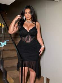 NU&NOW Vestido de punto casual y elegante con encaje negro sexy y calado elástico para mujer de talla grande, pieza versátil para capas - Negro - Ver 1