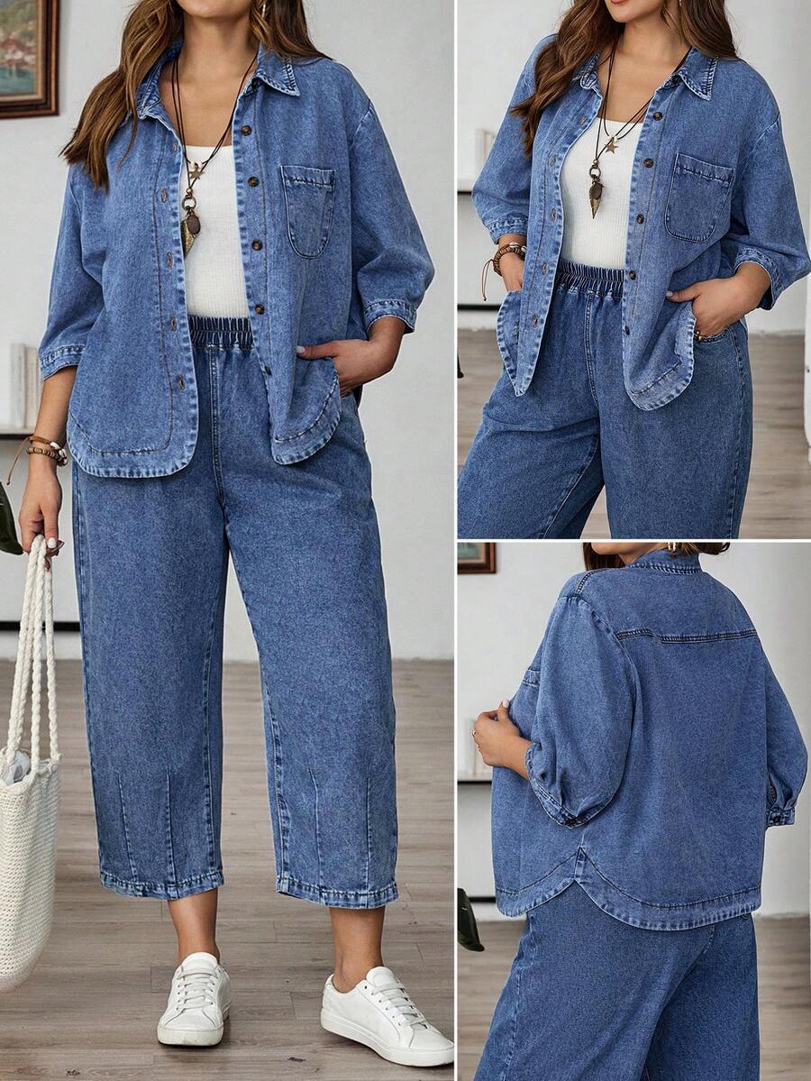 EMERY ROSE Plus Size Casual Washed Denim Blouse - Medium Wash - View 1