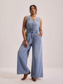 Freevana 大码女式V领纽扣前口袋阔腿休闲无袖牛仔连体裤 - 藍色 - 查看 9