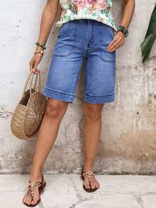 EMERY ROSE Quần short denim ống đứng dáng thường ngày, chất liệu denim mài, dành cho nữ. - Màu xanh lam - Xem 1