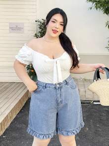 Rivivi 大码女式荷叶边口袋纽扣休闲百搭日常牛仔短裤 - 淺色水洗藍 - 查看 3