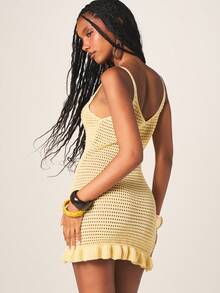 MISSGUIDED Women's Crochet Mini Dress With Fringe Hem Sleeveless Summer Beach Vacation Bodycon Fit V Neck Tank Style Yellow Casual Sundress - Yellow - View 3
