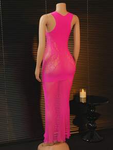 神秘玫瑰！ChaseTheNight 玫瑰红网纱睡裙，高领蕾丝拼接设计，打造独具一格的约会之夜造型 - 玫紅色 - 查看 2