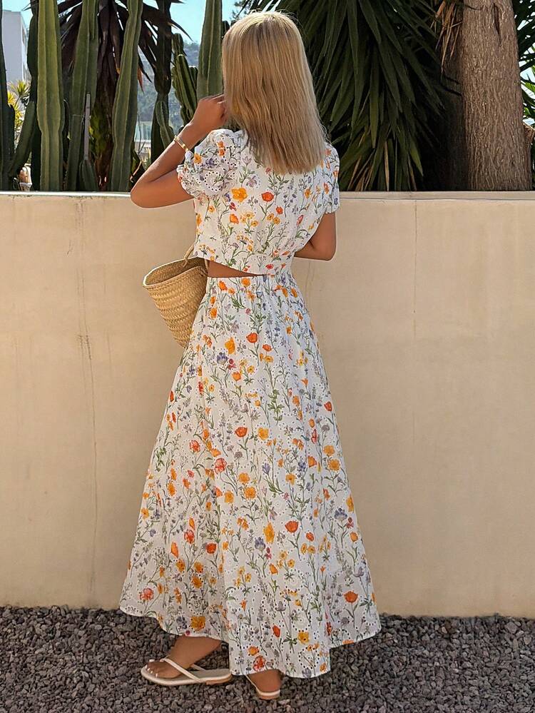 Women's Elegant Floral V-Neck Tie Waist Petal Sleeve Shirt And Skirt 2-Piece Set, Summer