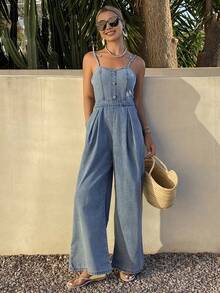 DAZY Women's Casual Washed Denim Jumpsuit With Wide Leg, Summer - Medium Wash - View 5