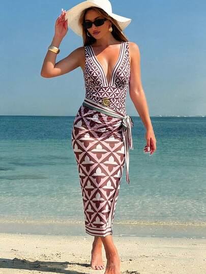 Swim Oasis 2025新款女士印花连体泳衣搭配网纱长裙，沙滩度假休闲泳装套装