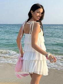 Soleia Đầm ngắn hai dây màu trơn, xếp tầng, có bèo nhún, thích hợp cho kỳ nghỉ hè của nữ. - Màu be - Xem 4