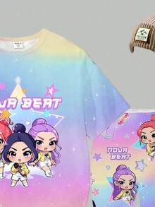 SHEIN 一套少女休闲时尚创意可爱动漫风扎染渐变韩流女团 NOVA BEAT 字母印花短袖T恤和打底裤套装，适合外出、聚会、运动和上学，春夏款 - 彩色 - 查看 5