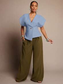 Vixey Solid Textured Woven Asymmetrical Hem Single Button Waistcoat Top - Baby Blue - View 3