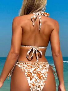 Swim Vcay Women's V-Neck Halter Tie Boho Floral Print Bikini Set Set - Orange - View 2