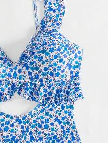 Swim Mod 2026 Spring/Summer New Blue Floral Random Print Adjustable Spaghetti Strap V-Neck Cute Vacation One-Piece Bikini Swimsuit For Women - Blue - View 6