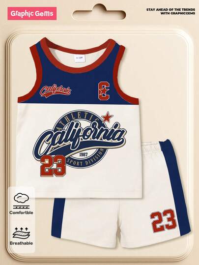 SHEIN Playful Pals 2pcs/Set Baby Boy Casual Sports Outfit, Cute Logo & Number 23 Graphic Print Tank Top Paired With Shorts, Suitable For Outings In Summer