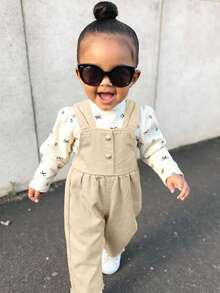 SHEIN Baby Girl Button Decor Pocket Frayed Hem Wide Leg Loose Denim Jumpsuit - Khaki - View 4