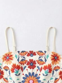 SHEIN 青少年女孩可愛花卉 & 卡通印花吊帶背心，度假、母親節、畢業、母女套裝，母親節、畢業、母女套裝 - 米色 - 查看 5
