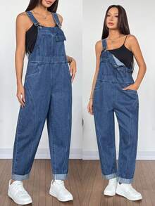 SHEIN PETITE 女士爆款Y2K牛仔背带裤，夏季休闲宽松牛仔连体裤，蓝色水洗背带裤，带口袋，完美打造海滩和街头穿搭，休闲通勤牛仔背带连体裤 - 深色水洗藍 - 查看 2