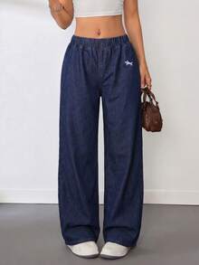 SHEIN Tall 女士休闲日常牛仔刺绣松紧腰宽松牛仔裤 - 黑色 - 查看 1