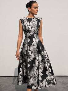 Aveloria Modichic 新款优雅高贵女士约会之夜奢华简约精致提花面料圆领无袖收腰喇叭裙 - 彩色 - 查看 3