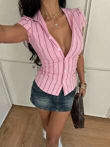 StreetHx Women's Summer Striped Fitted Pink Short Sleeve Shirt - Pink - View 1