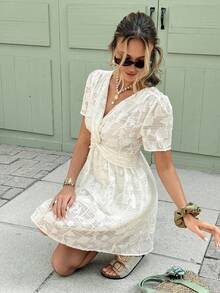 Serisse Women's Cutout V-Neck Short Sleeve Twist Waist Casual Mini Dress - Apricot - View 1