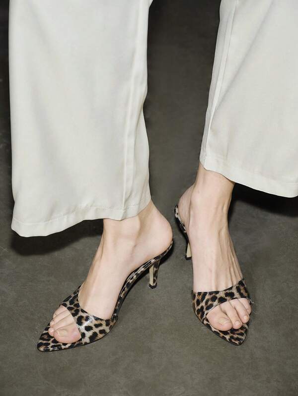 春夏女士豹纹高跟凉鞋，性感时尚简约派对宴会穆勒鞋，棕色