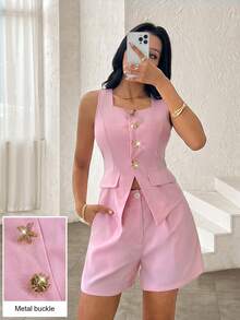 Modelyn Bộ đồ nữ kiểu Pháp gồm áo không tay và quần ống đứng trang trí hình sao biển với khóa kim loại. - Hồng - Xem 2