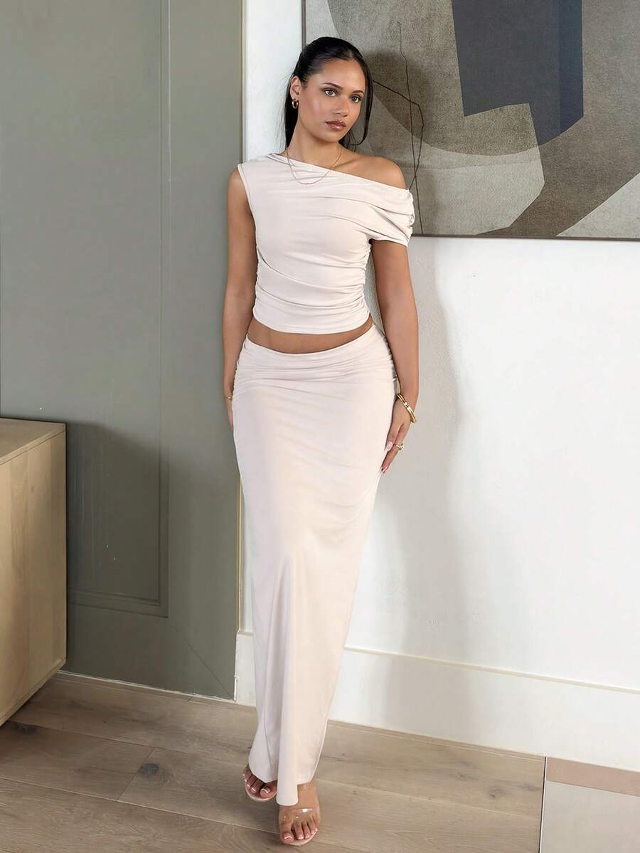 LHSEPT Women's Asymmetrical Neck Asymmetric Ruched Top + Low Waist Ruched High Slit Solid Pink Skirt Set, Summer - Apricot - View 1