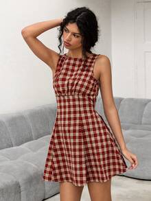Sweetina 女士假日度假复活节酒红色外出格子圆领收腰无袖迷你连衣裙，夏季 - 紅色 - 查看 4