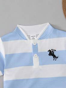 Souflis Souflis 2pcs/Set Baby Boy Elegant Minimalist Mandarin Collar Short Sleeve T-Shirt And Contrast Color Pants Outfit, Suitable For Summer - Blue and White - View 3