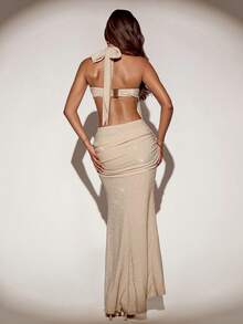 SHEIN ICON 女士外出性感度假假日派对音乐会科切拉海滩装辣妹系带露背褶皱性感派对长裙 - 杏色 - 查看 2