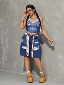 SHEIN PETITE 女士做旧斜插口袋休闲百搭阔腿牛仔短裤 - 深色水洗藍 - 查看 5