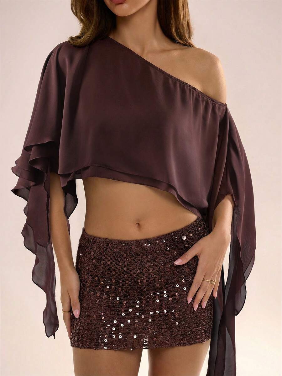 Avenya Women's Casual Asymmetric Hem Shoulder Top, Versatile For Daily Wear - Brown - View 1