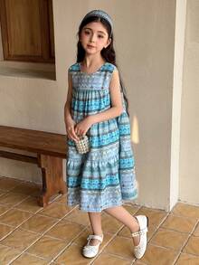 DAZY Vestido sin mangas de cuello redondo para niñas preadolescentes - Azul - Ver 3