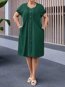 EMERY ROSE Plus Size Women's Solid Color Round Neck Short Sleeve Single-Breasted Pocket Casual Dress - Dark Green - View 3