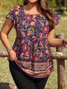 EMERY ROSE Plus Size Women Floral Print Ruffle Sleeve Casual Blouse Summer Tops   Summer Outfits Summer Clothes Spring Dress Spring Outfit Women Spring Clothing Beach Vacation Outfits For Women Vacation Dress Bohemian - Multicolor - View 3