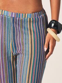 MISSGUIDED Women's High Waisted Wide Leg Textured Multicolor Striped Palazzo Pants Bohemian Casual Summer Beach Resort Flowy Pants - Multicolor - View 4