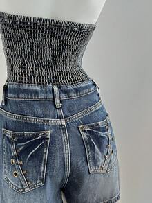 Elamini Women's Casual Backless Halter Denim Romper For Summer - Blue - View 4