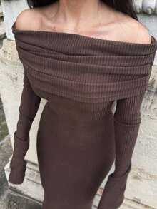 Marta Soriano Women's Solid Color Off Shoulder Long Sleeve Casual Long Dress,Party Women Outfits,Women Dress Women Clothes - Coffee Brown - View 3