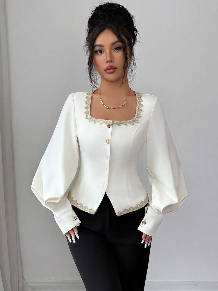 Women's Elegant Lace Patchwork Square Collar Lantern Sleeve Blouse, Spring Summer Babydoll Top