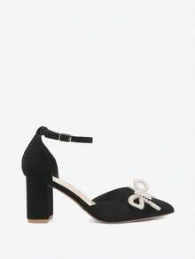 2025秋冬季仿珍珠蝴蝶结优雅粗跟鞋，尖头镂空高跟鞋，适合婚礼季，优雅女士高跟鞋，优雅派对装扮 - 黑色 - 查看 5